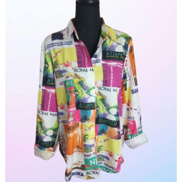 NWOT Button Down Blouse with Travel Destinations / Size Medium - Picture 2 of 11